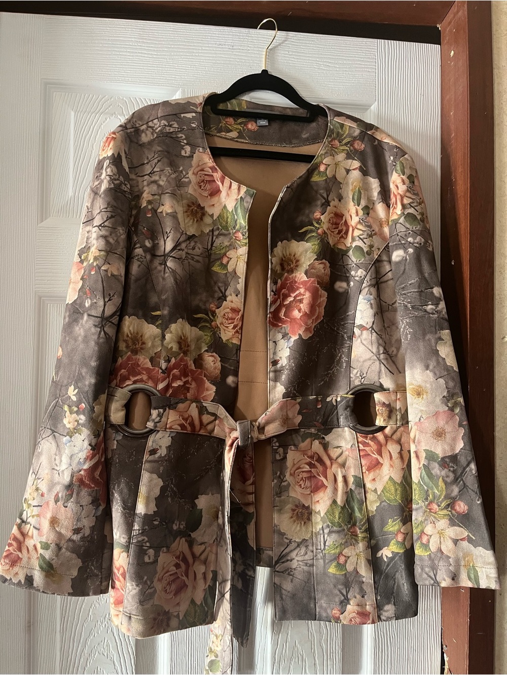 Kate & Mallory Floral Faux Suede Open Front Belted Jacket - XL